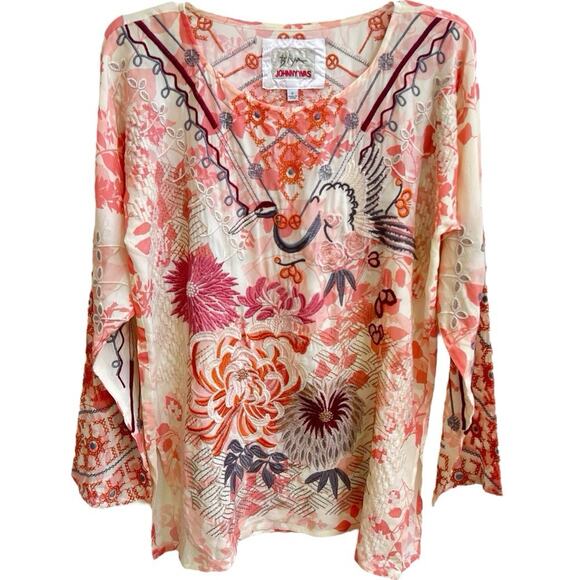 Johnny Was Charlize Embroidered Blouse Floral Crane Silk Tunic Sz S Long Slv NEW - Picture 1 of 11